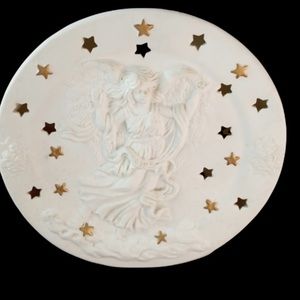 White Ceramic ANGEL with Gold Shine Through Stars Tea Candle Holder Burner